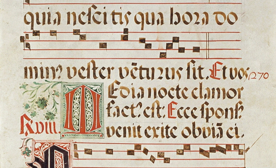 羊皮紙の楽譜17世紀頃（紙の博物館蔵）